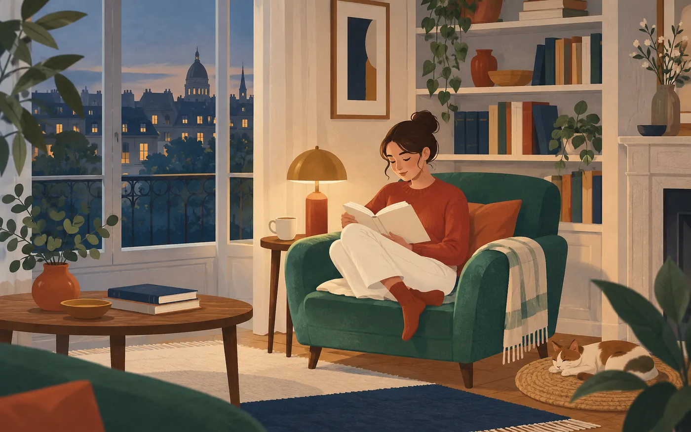 A woman reading beside a lamp in a quiet room.