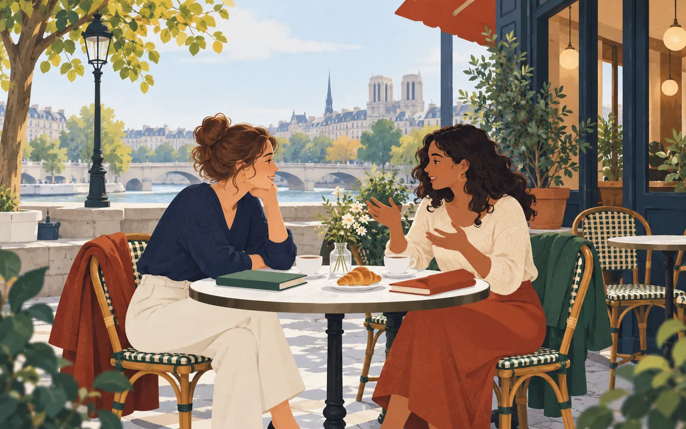 Two friends discussing an experience at a French café table.