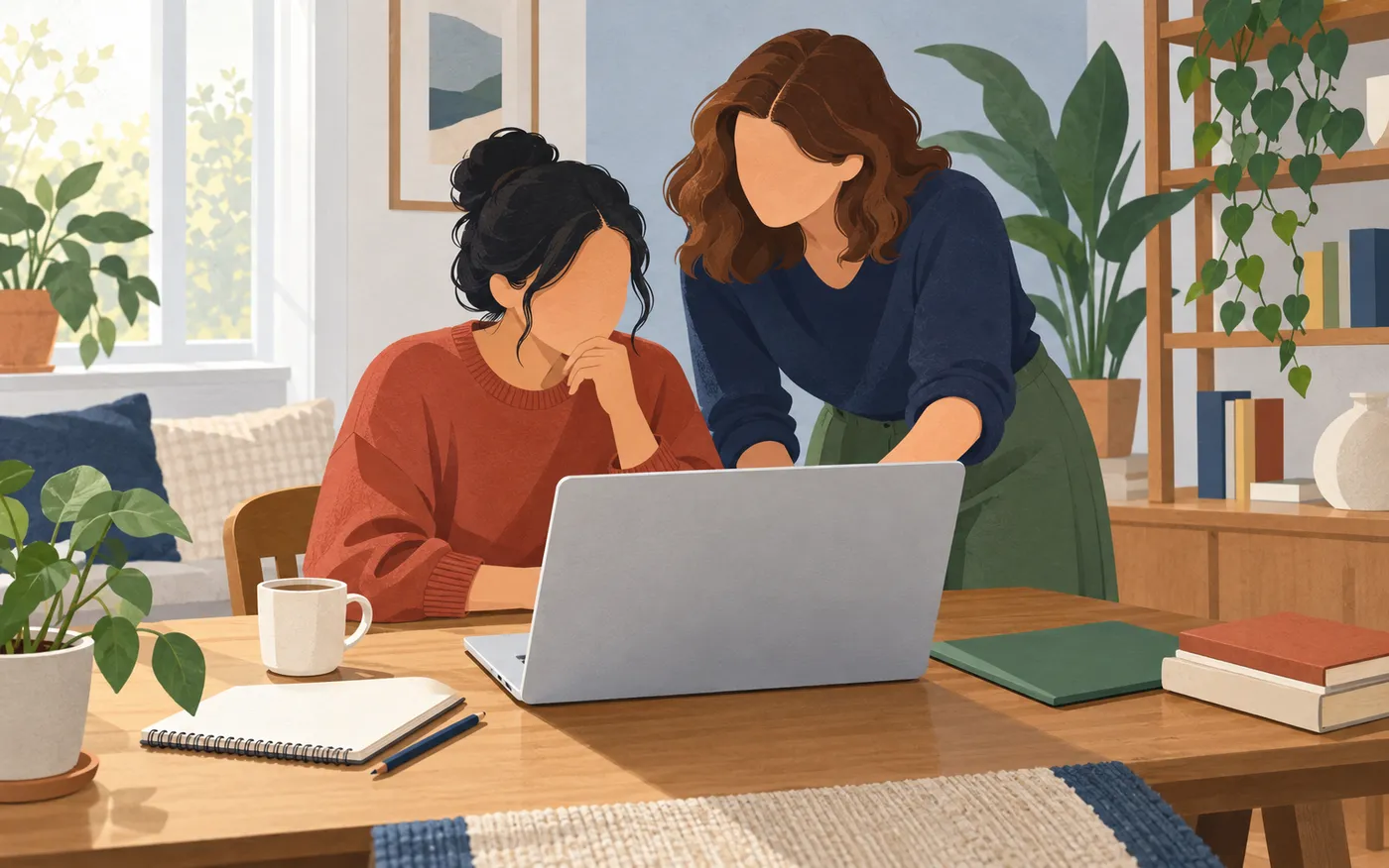 Two learners prepare to join an online class together.