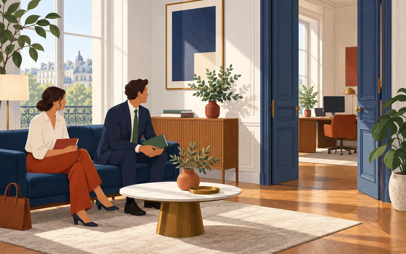 Two colleagues waiting near a French office doorway for a coordinator to arrive.