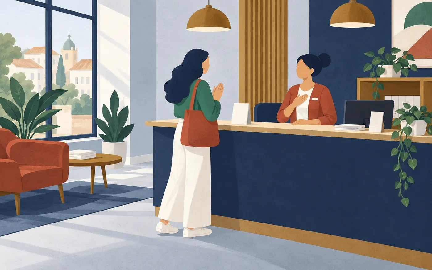 A visitor thanking a helpful receptionist at a quiet French service counter.
