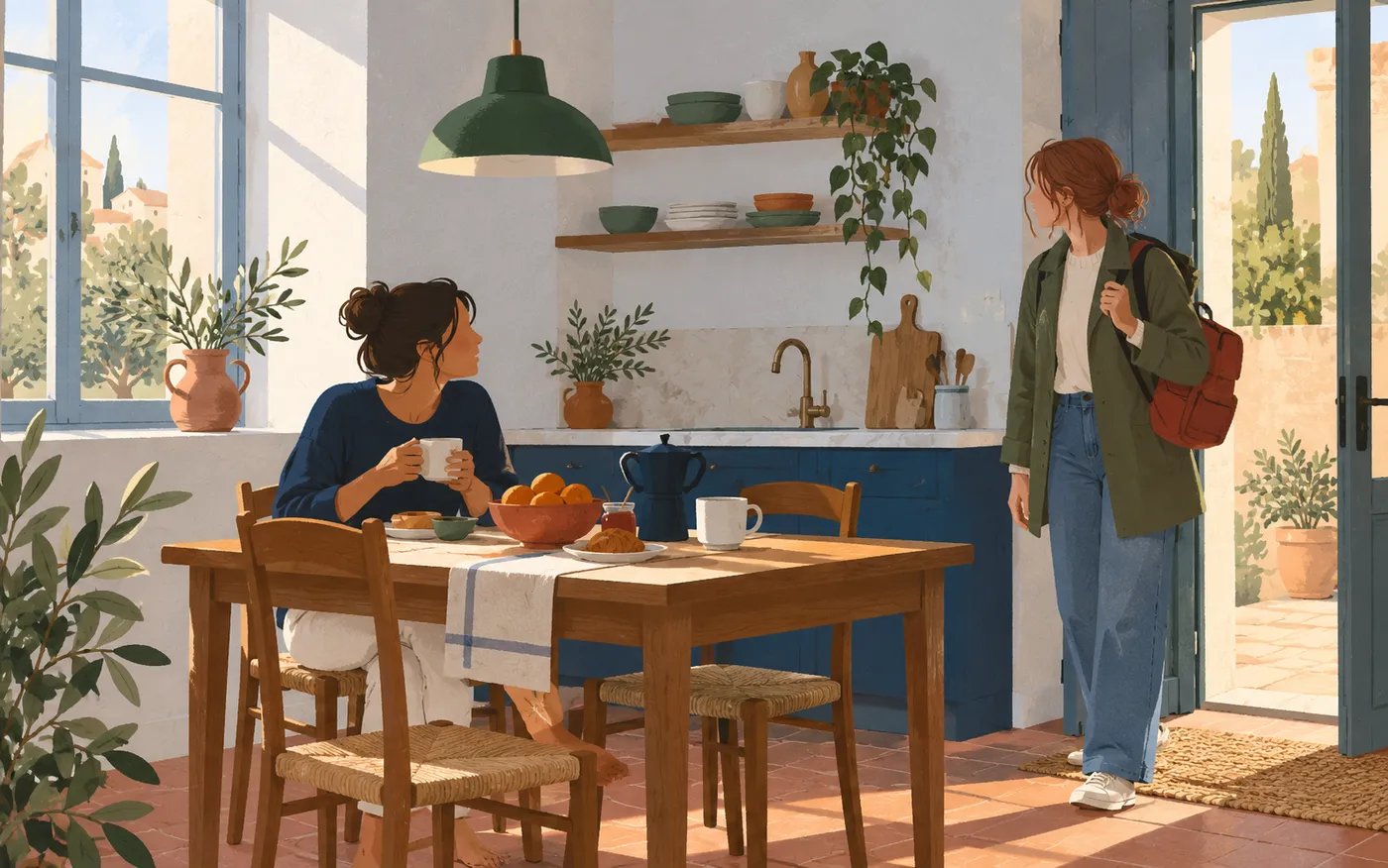 A friend arrives with a backpack while another looks up from breakfast in a sunlit French kitchen.