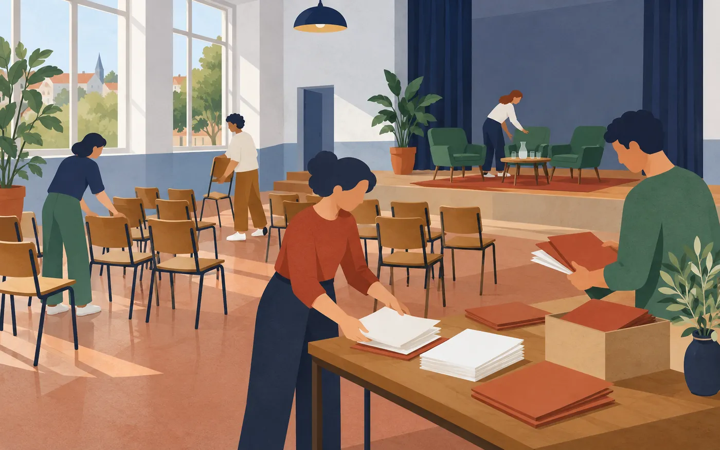 Volunteers preparing a discussion evening in a modest French community hall with chairs and plain folders.