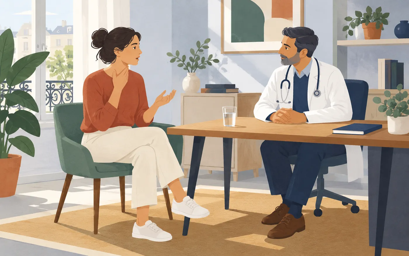 A patient explaining a sore throat to a listening doctor.