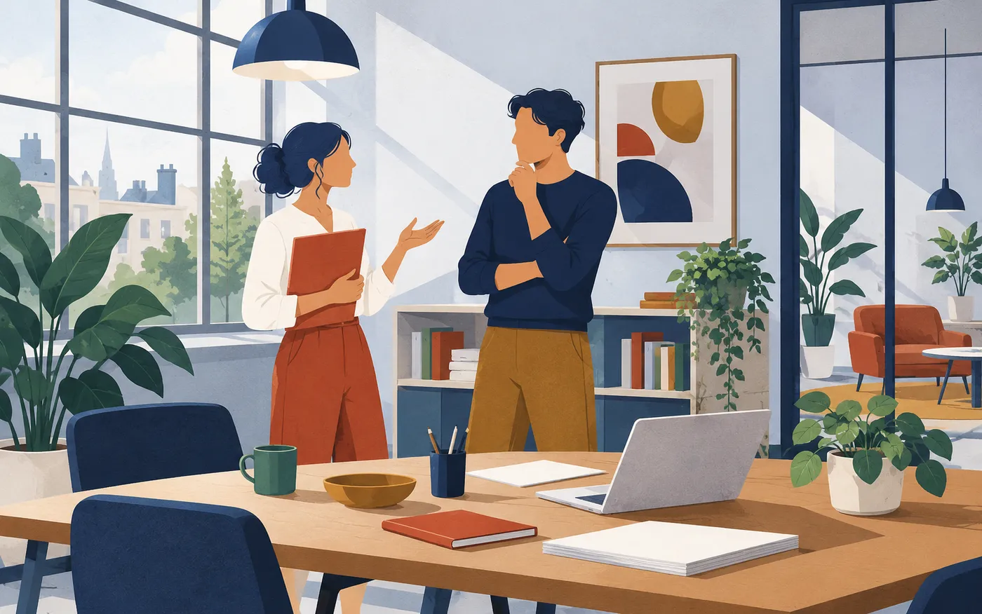 Two colleagues confirming a plan in a calm office conversation, one holding a plain folder.
