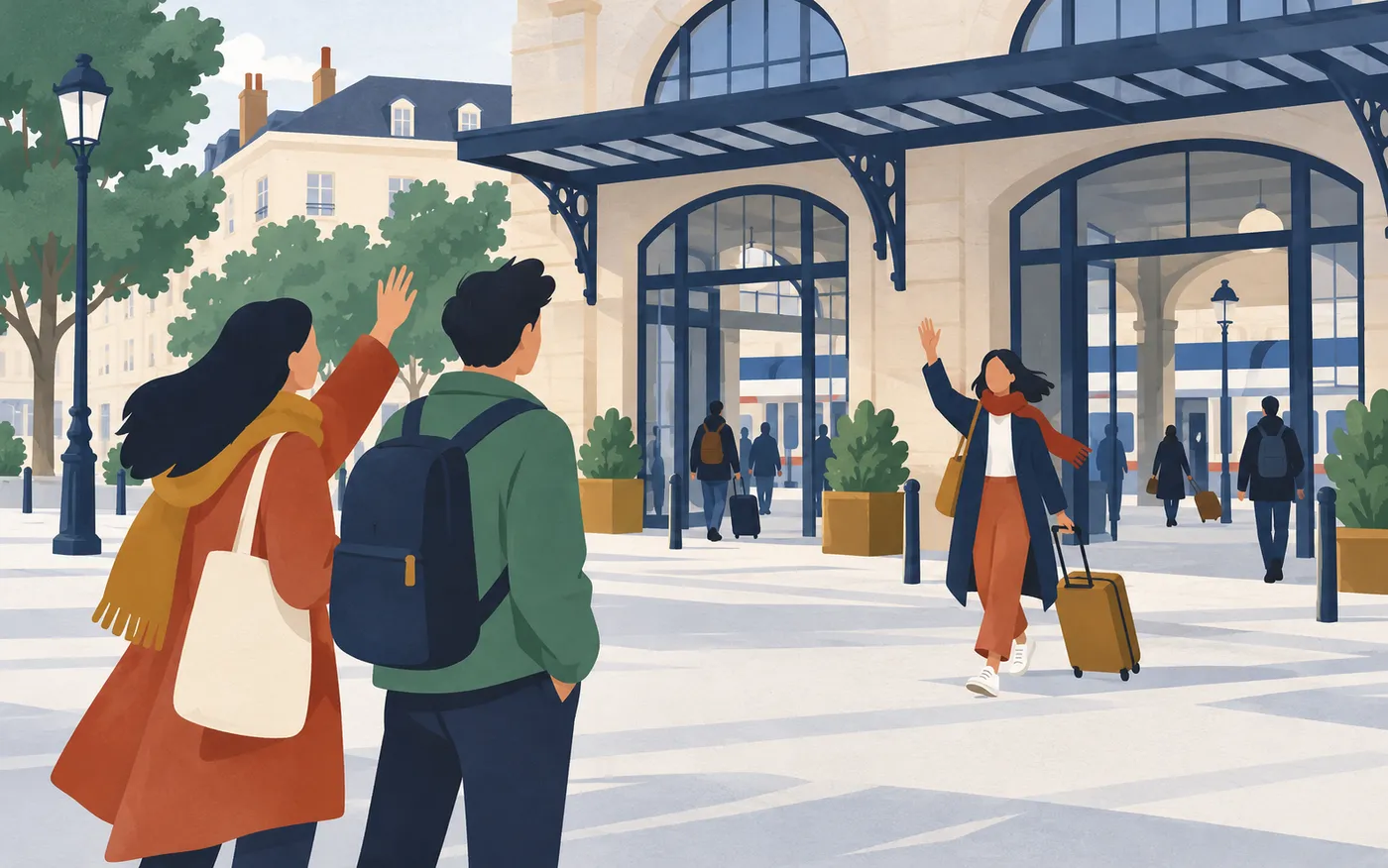 Dos amigos esperan frente a la entrada de una estación francesa mientras llega otro viajero con una maleta.
