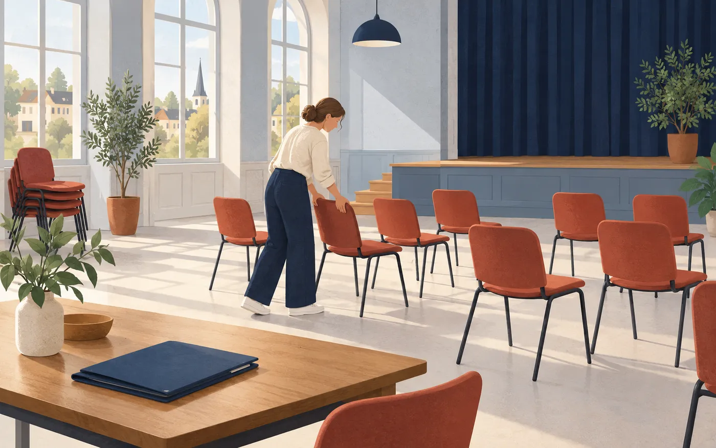 An organiser rearranges chairs in an empty French community room beside a closed folder.
