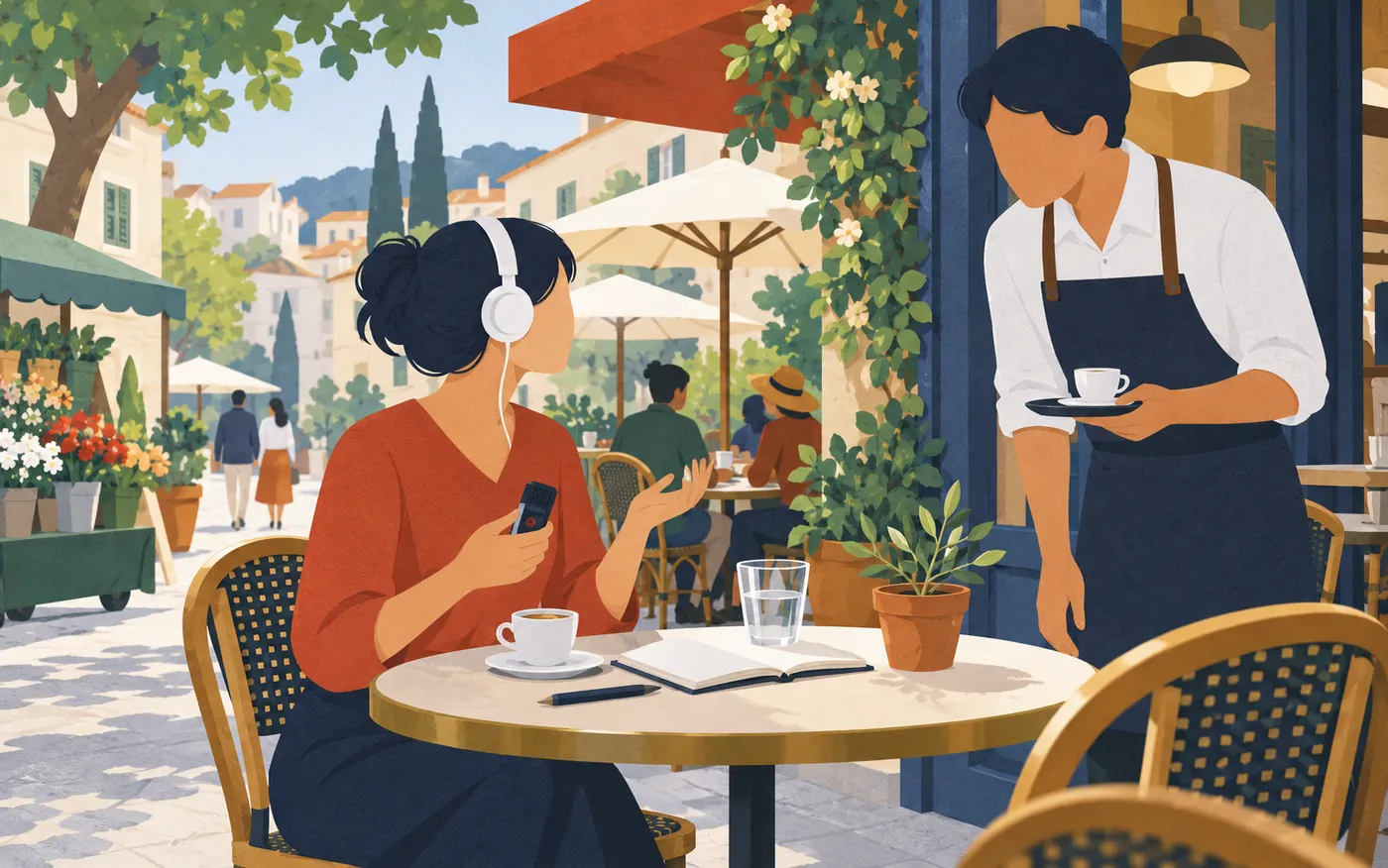 An adult practising a short café request with headphones and a small recorder beside an espresso.