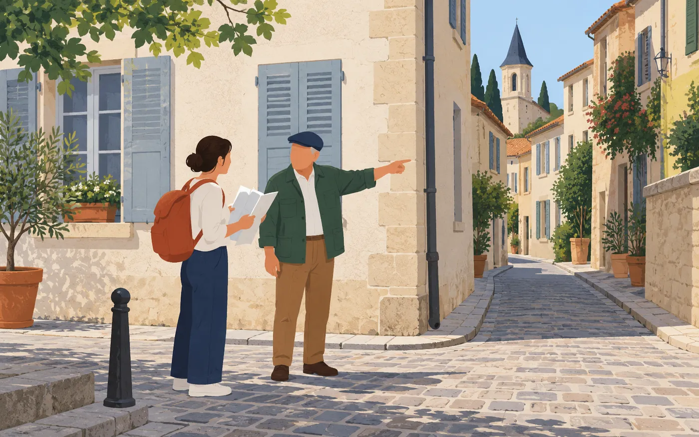 A visitor asks a local for directions at a street corner.