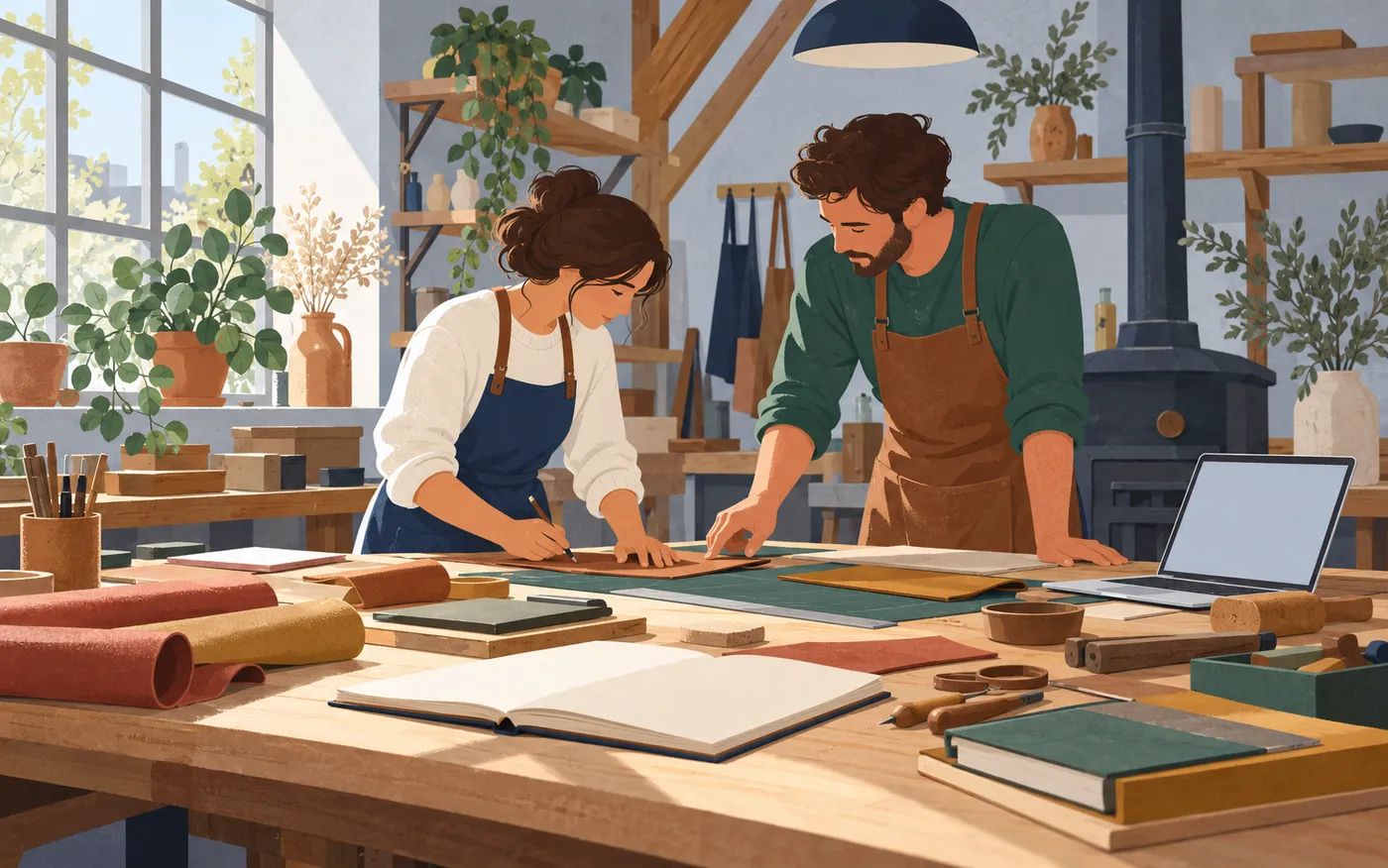 Two colleagues work together at a French artisan workshop bench.