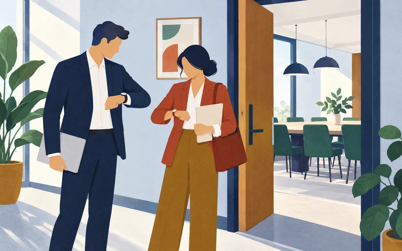 Two colleagues checking an unmarked watch before a meeting at a French office doorway.