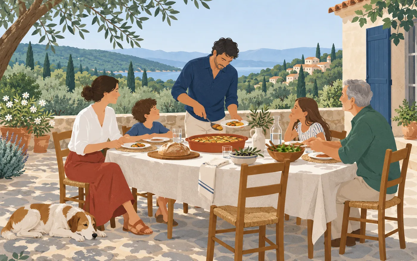 A family sharing a vegetable gratin at an outdoor table.