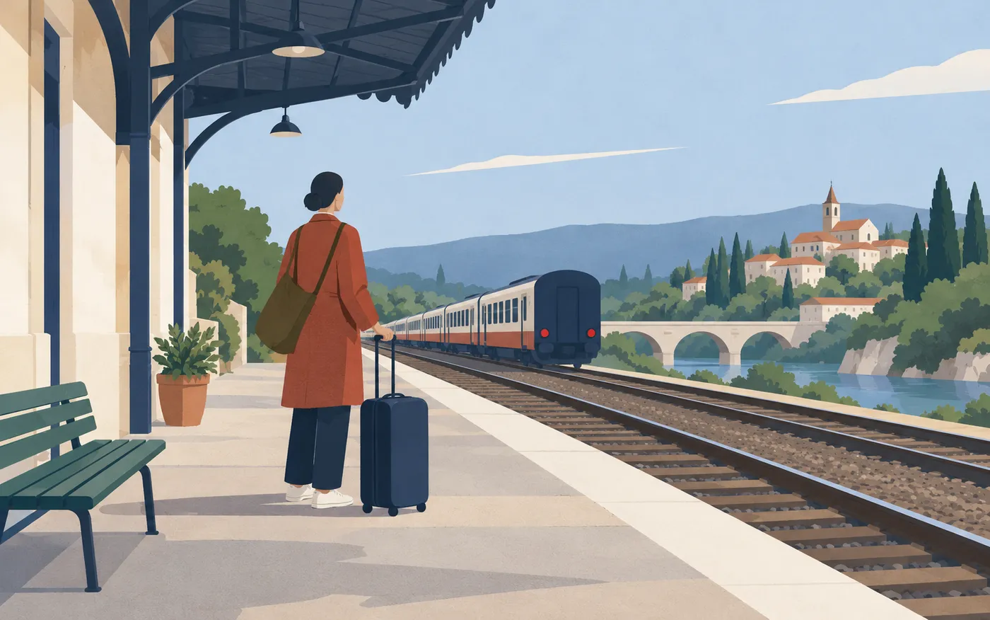 A traveller with a suitcase waiting on a quiet French railway platform while a train recedes in the distance, no signs clocks or writing.