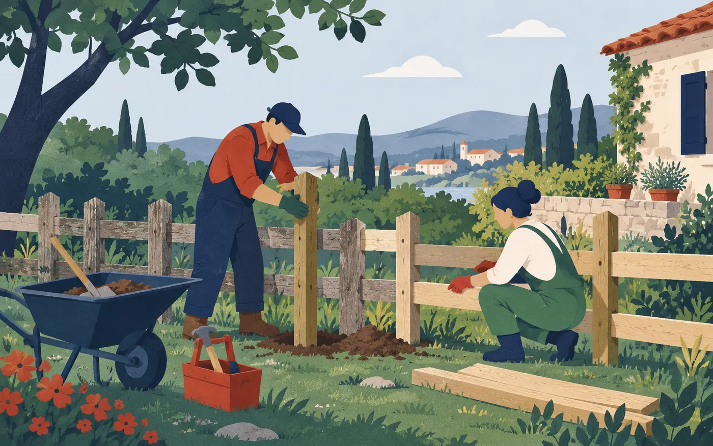 Dos voluntarios continúan una reparación difícil en un jardín, con herramientas sencillas y una valla parcialmente reparada.