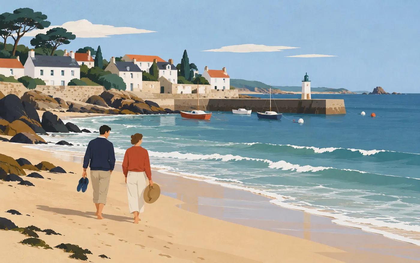 A calm French Atlantic seaside scene with two friends walking on a sandy beach, a small harbour and gentle ocean waves, no signs or boat lettering.