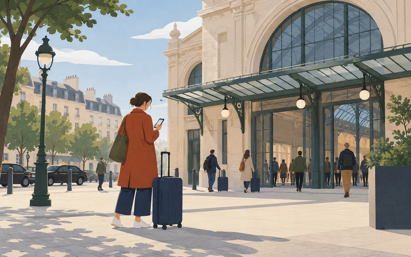 A traveller with a suitcase sends an arrival text from a plain smartphone outside a French station, blank screen and no written signs.