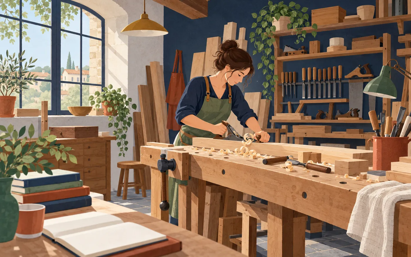 A skilled woman carpenter carefully works at a French woodwork bench.