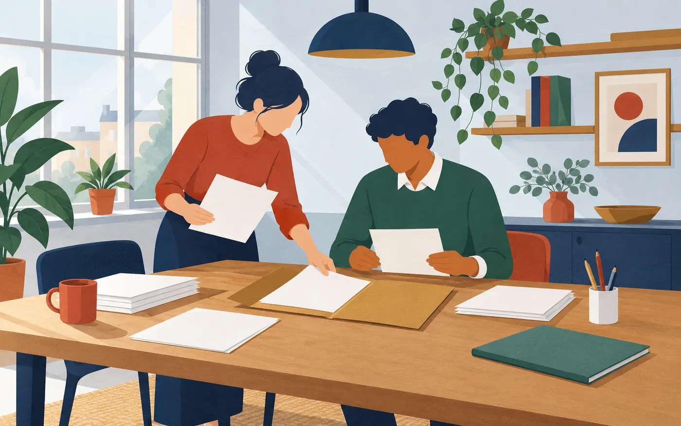 Two colleagues preparing a plain application folder together at a worktable.