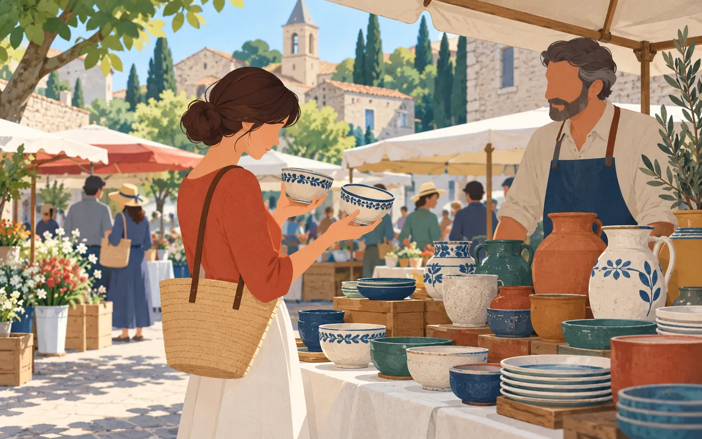 A person notices a small difference between two ceramic bowls at a French pottery stall.