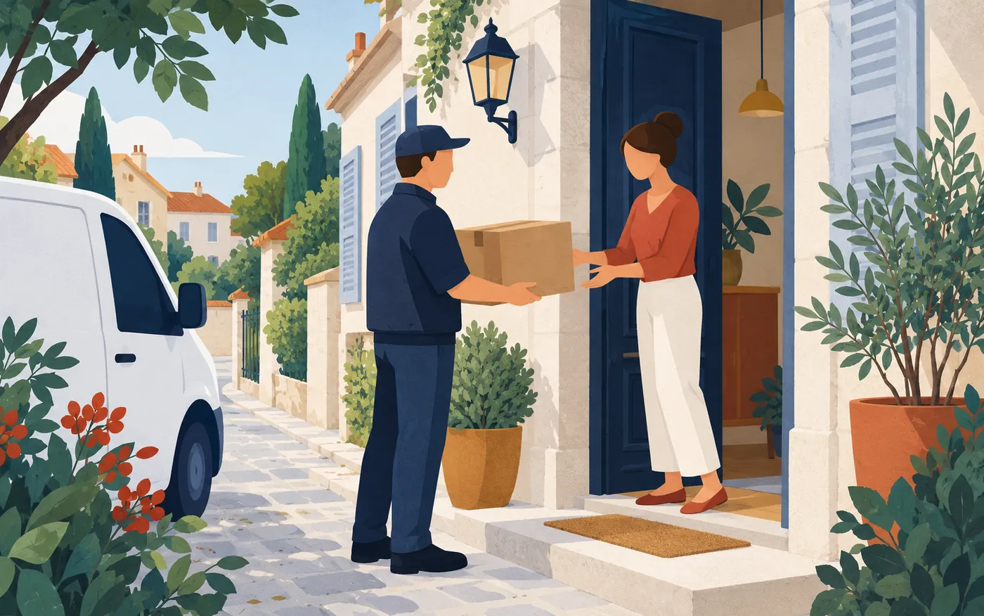 A recipient accepting an unlabelled parcel from a courier at a French doorway.