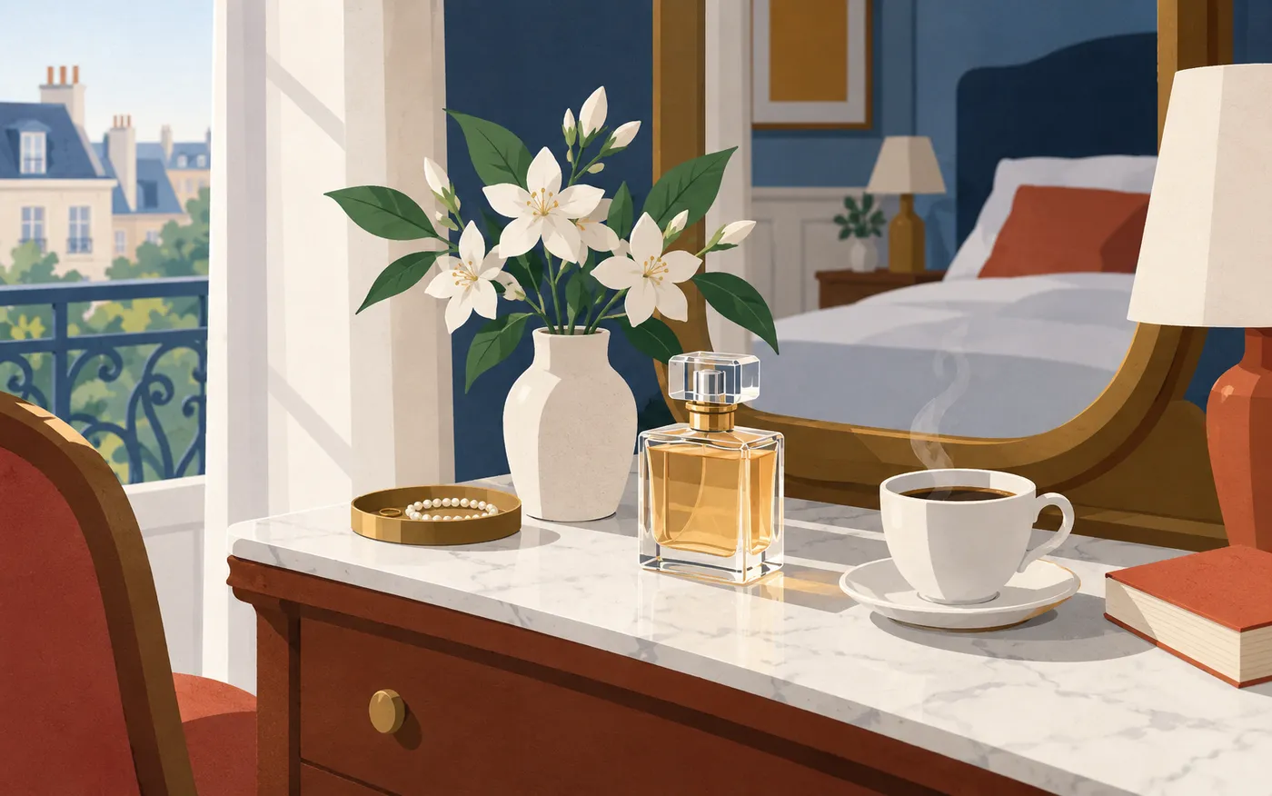 A restrained still life of a plain glass perfume bottle, white flowers and a steaming cup of coffee on a French bedroom dressing table, no labels.