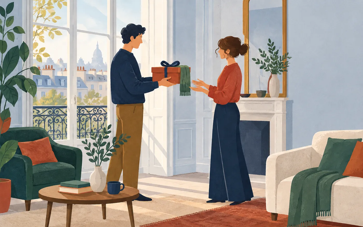 One sibling gives another a wrapped gift with a green scarf.