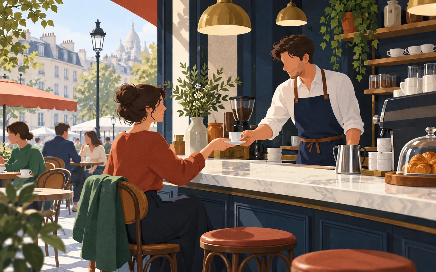 A French café barista offers a customer a small espresso in a plain white cup.
