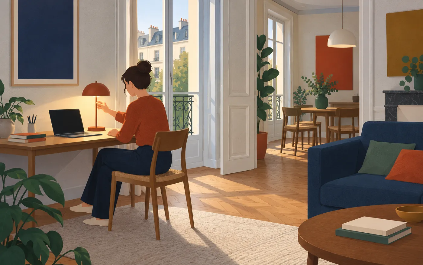 An adult switches on a simple desk lamp beside an open laptop in a quiet French apartment.