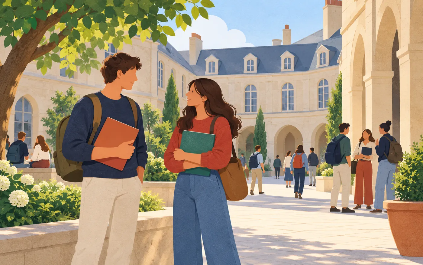 Two friends chat before class in a French college courtyard with closed folders.