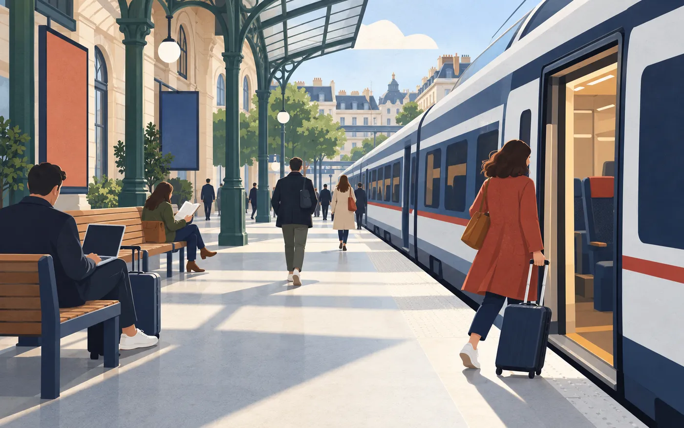 Una persona con una maleta pequeña se acerca a la puerta abierta de un tren en una estación francesa.