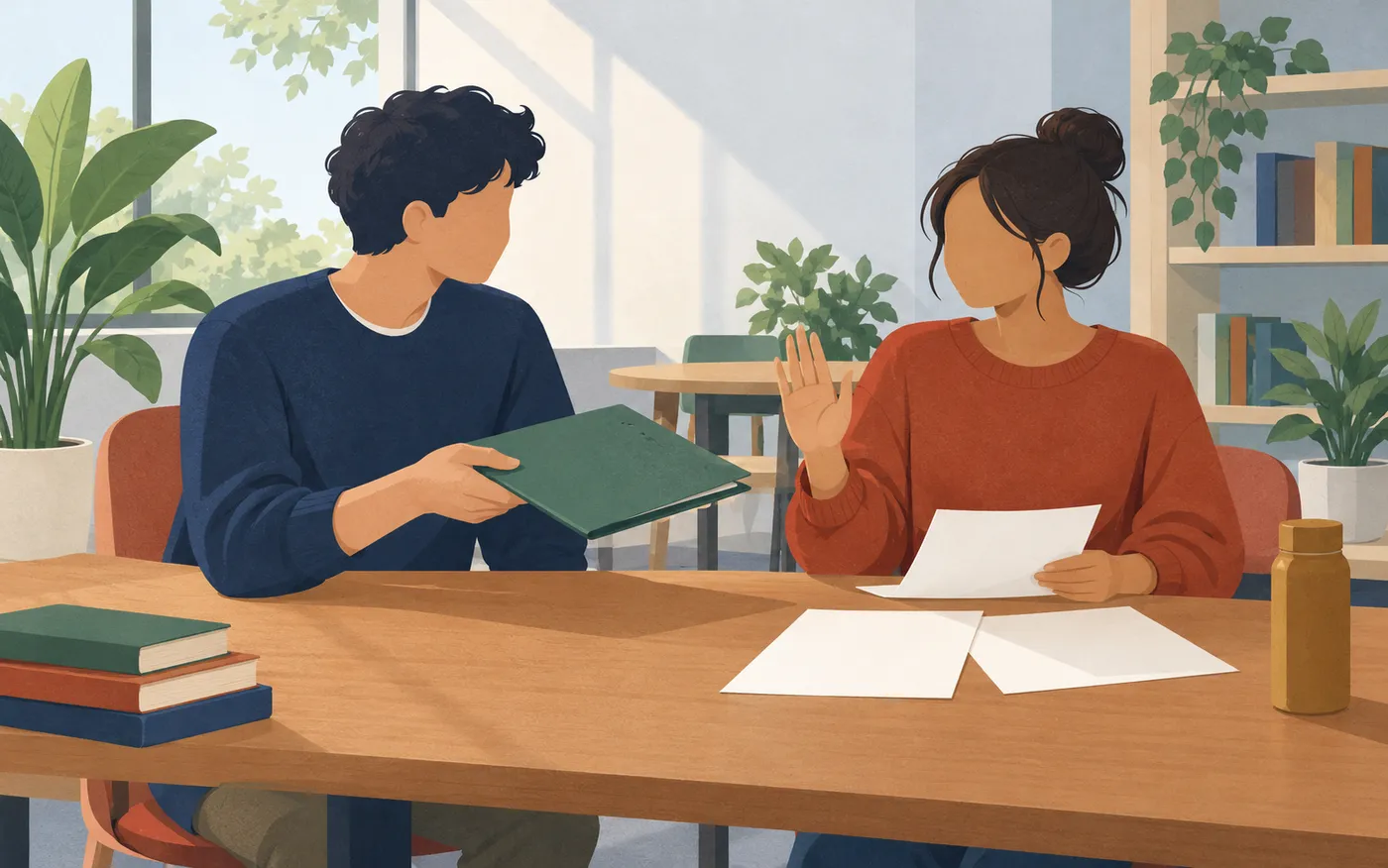 Two students review papers while one politely declines an extra folder.