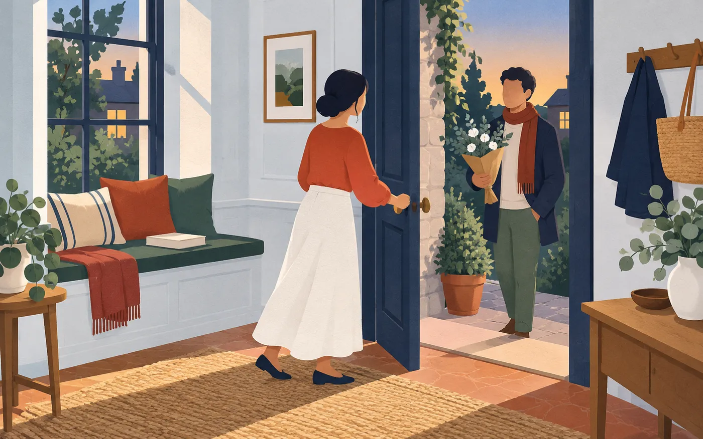 A woman opening a quiet French house door to an evening visitor, a window seat behind her.