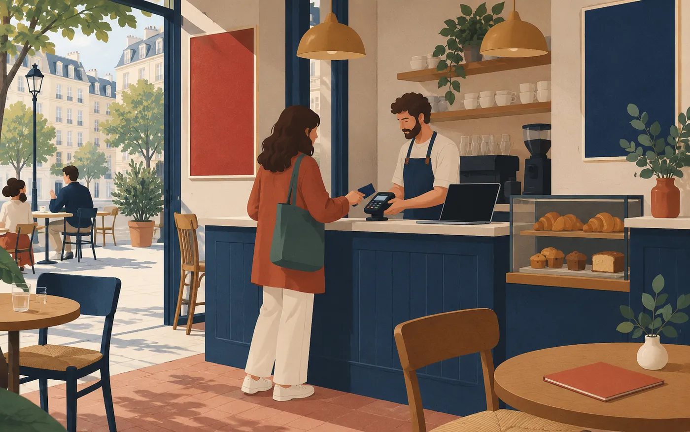 A customer pays by card at a small French café counter.