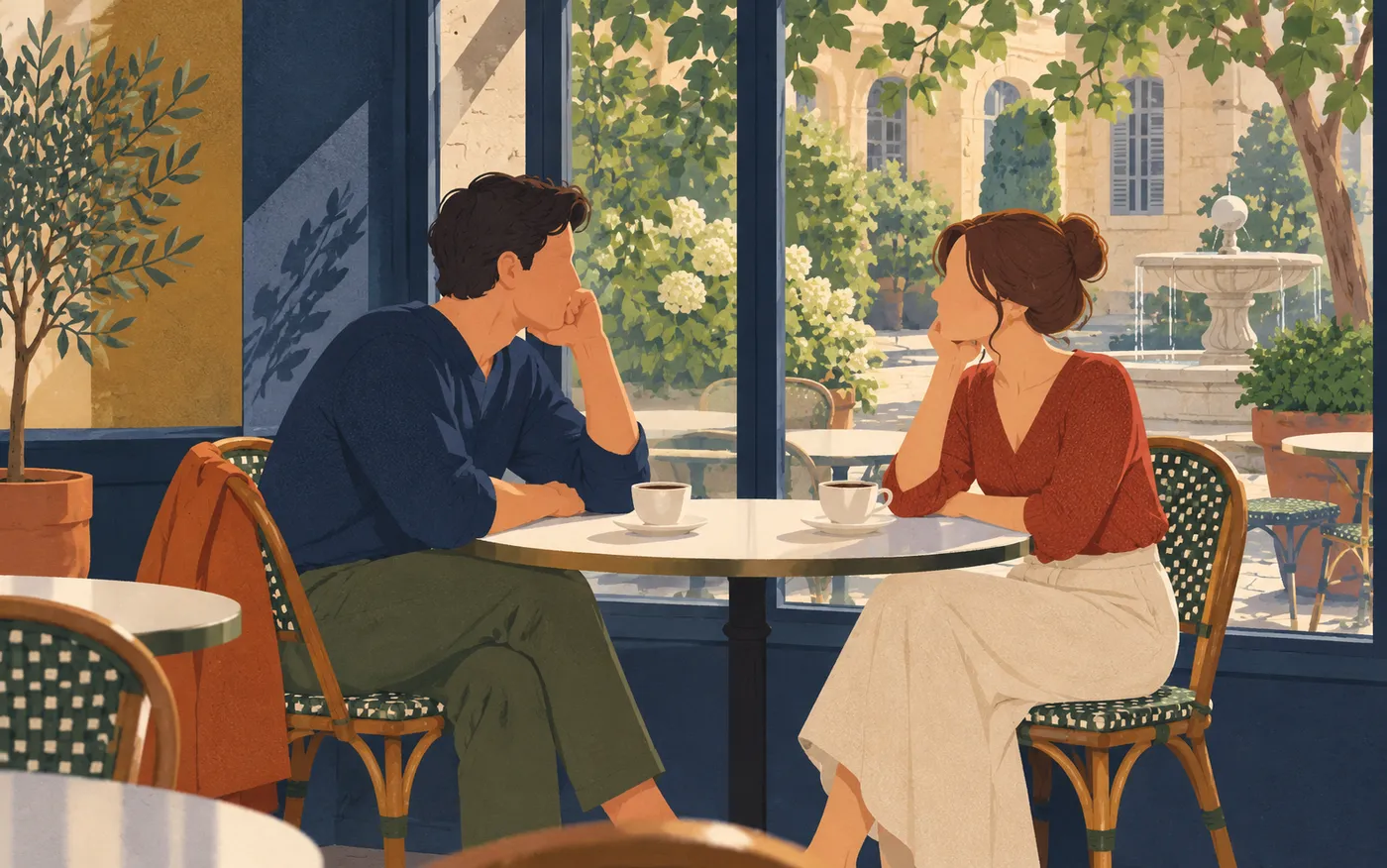A person considers a proposal while a friend waits across the table.