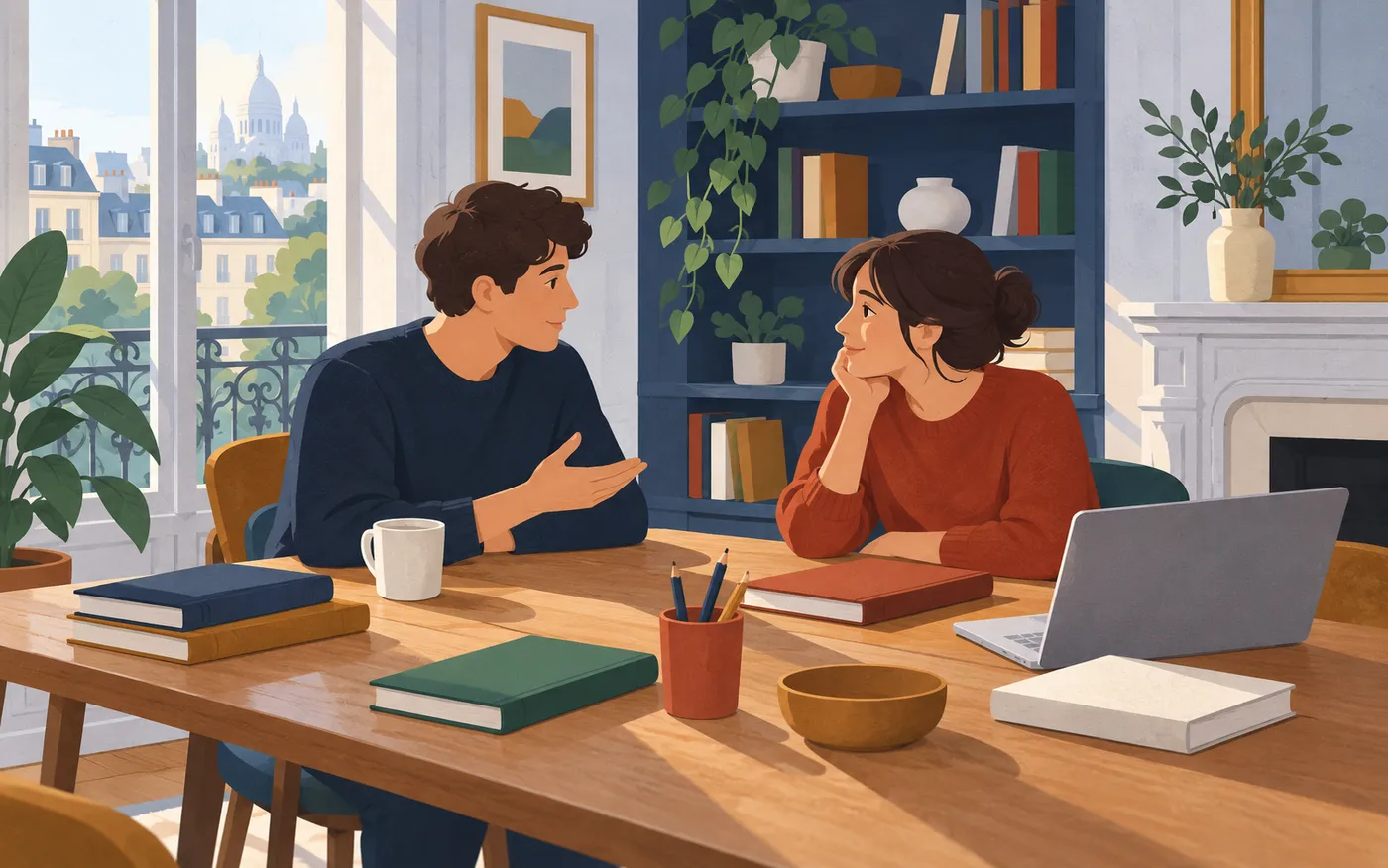 Two learners discuss a task at a French study table with closed books.