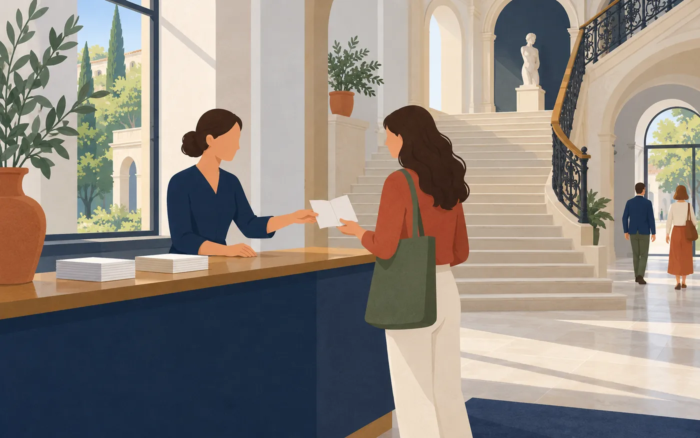 A receptionist hands a visitor a leaflet beside a staircase.