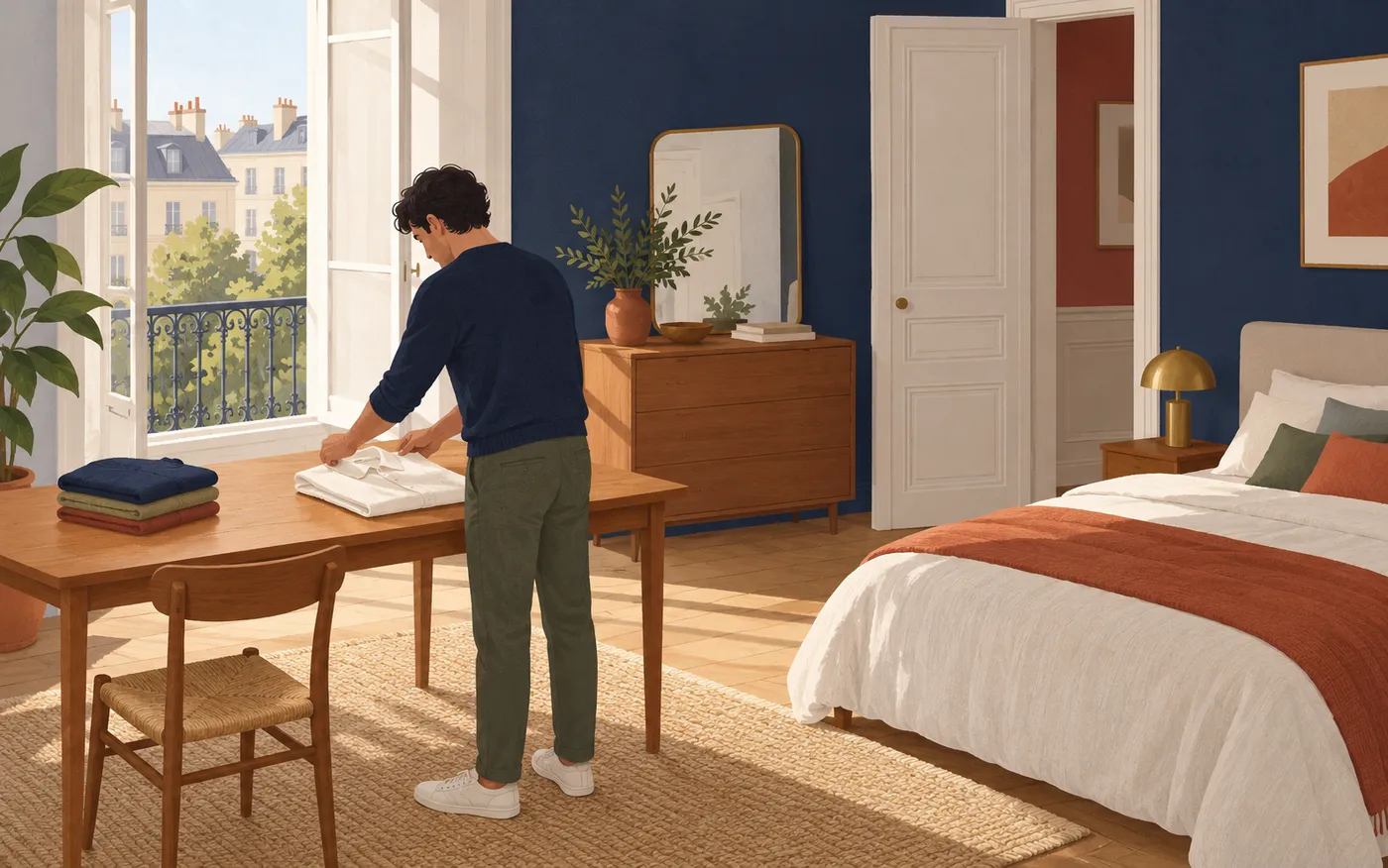 An adult folds a plain shirt on a table in a calm French bedroom.
