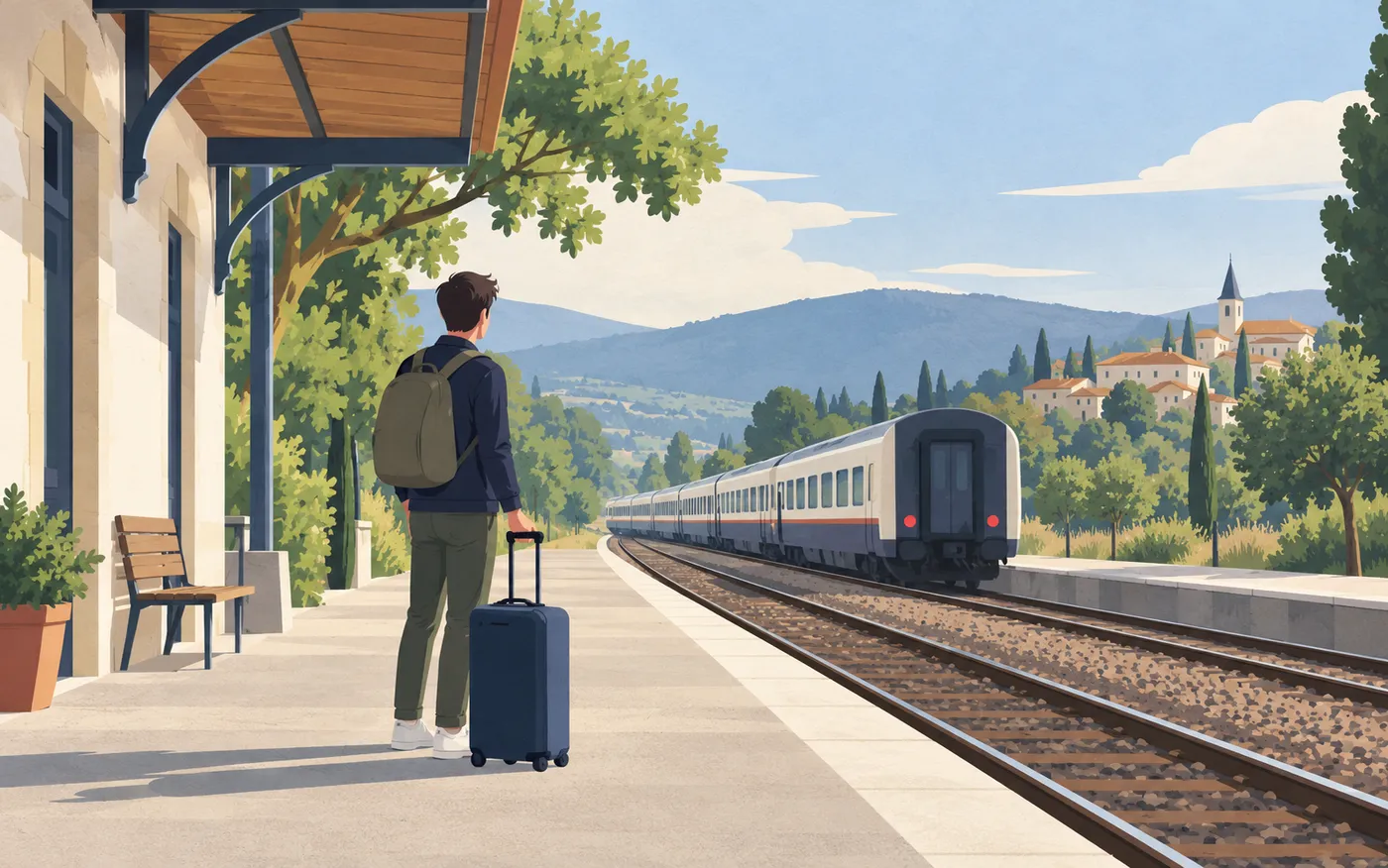 A traveller watches a train recede beyond a quiet platform.