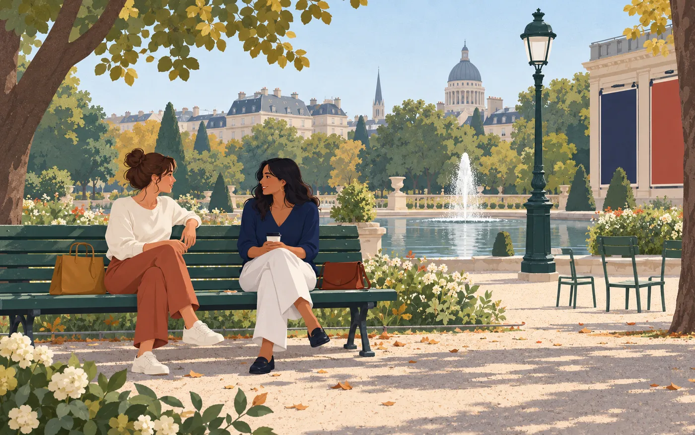 Two women talk on a bench in a quiet French park.
