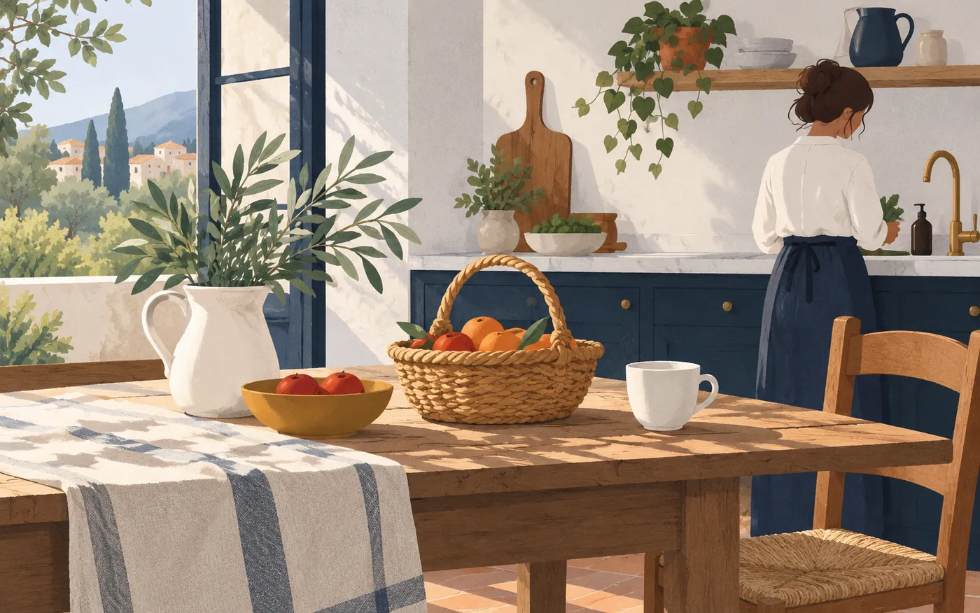A plain white cup and a woven basket with a curved handle sit on a French kitchen table.
