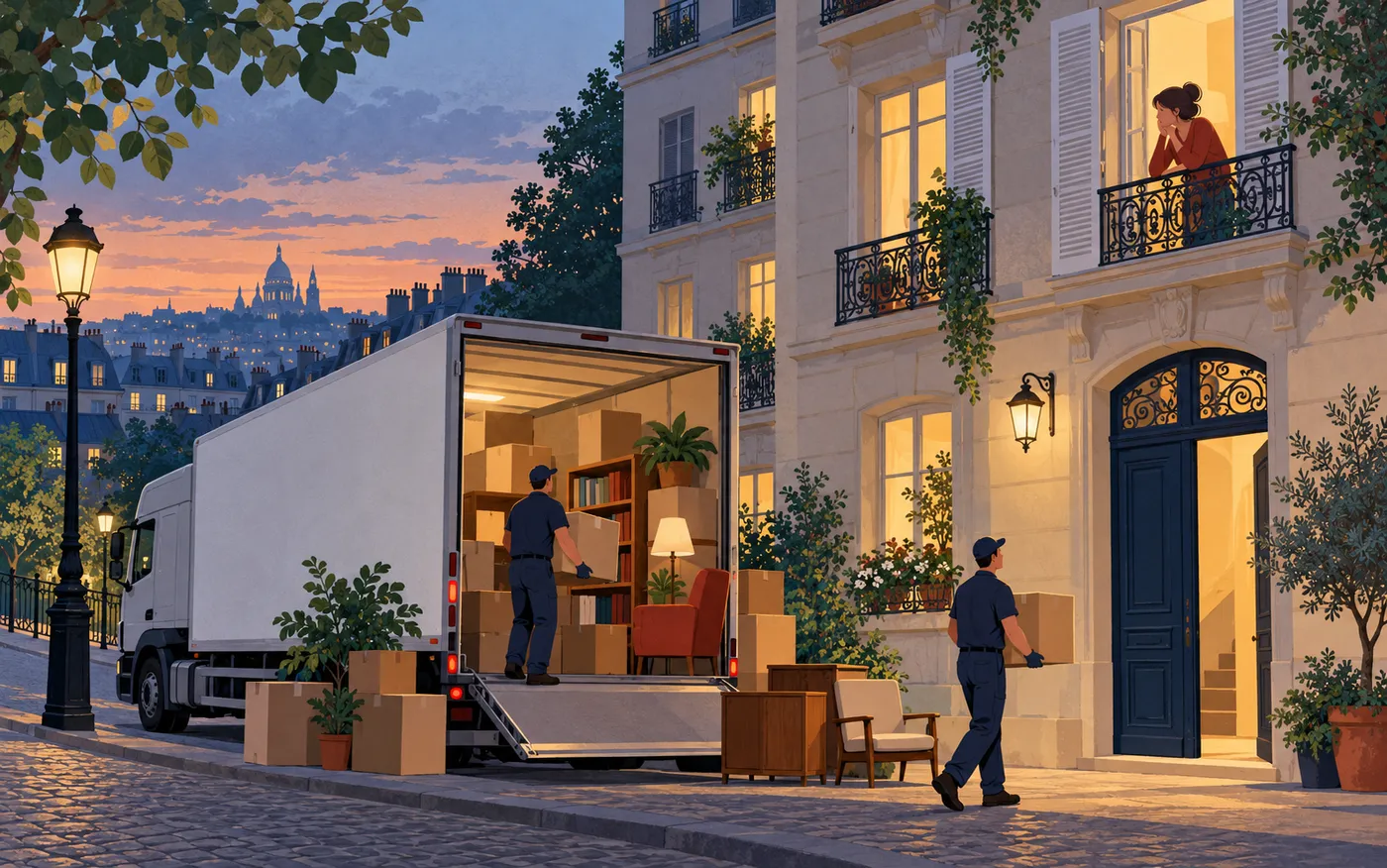 An unmarked delivery lorry stands beneath French apartment windows at dusk as a resident looks out.