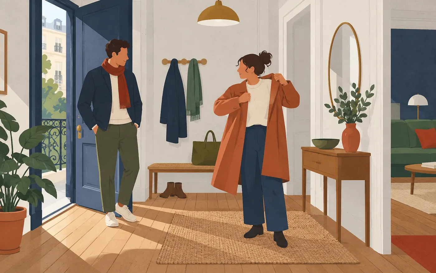 Two friends in a French apartment entry, one already wearing a jacket and the other putting on a plain coat, natural anatomy.