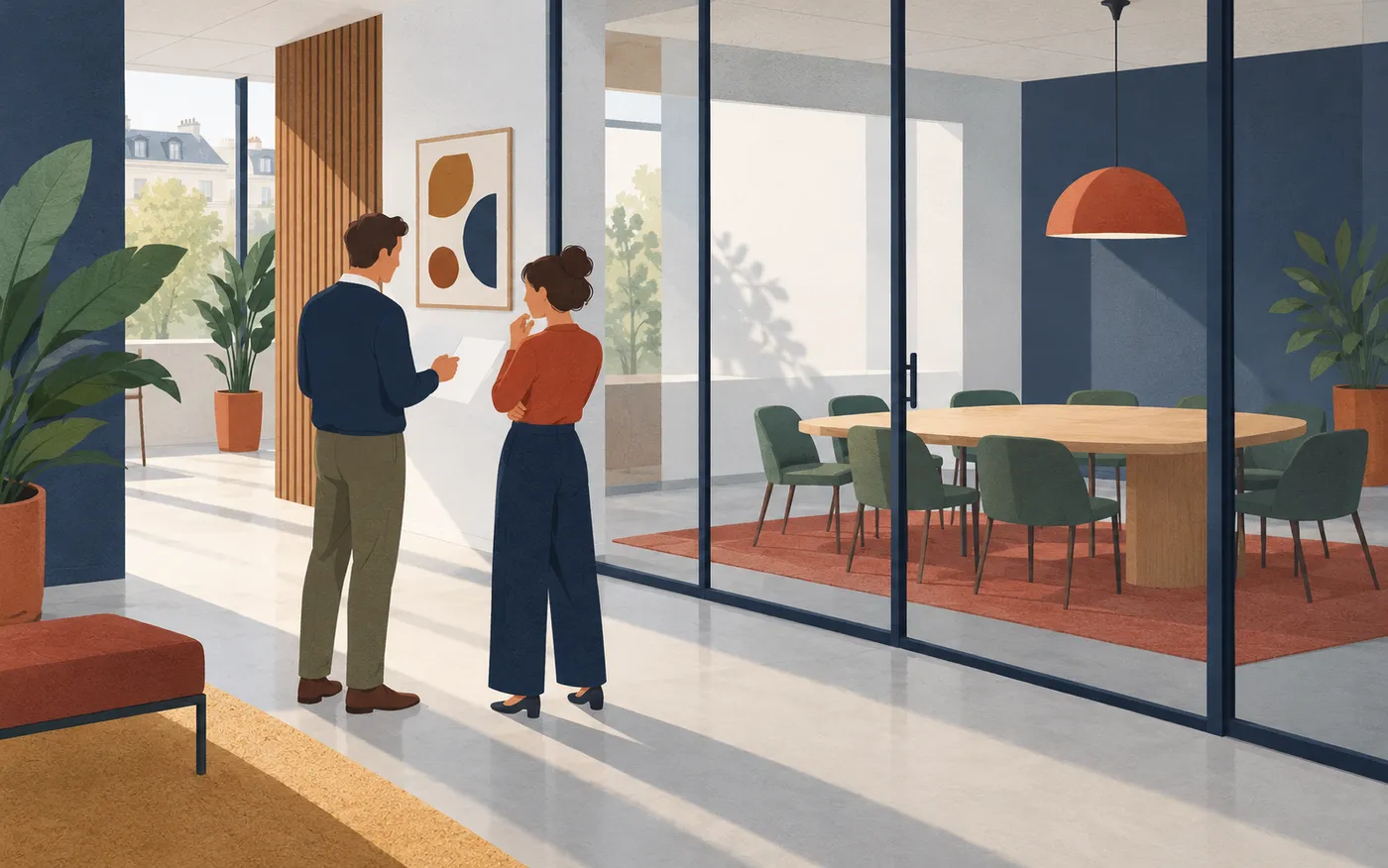 Two colleagues discuss plans beside an empty meeting room in a French office.