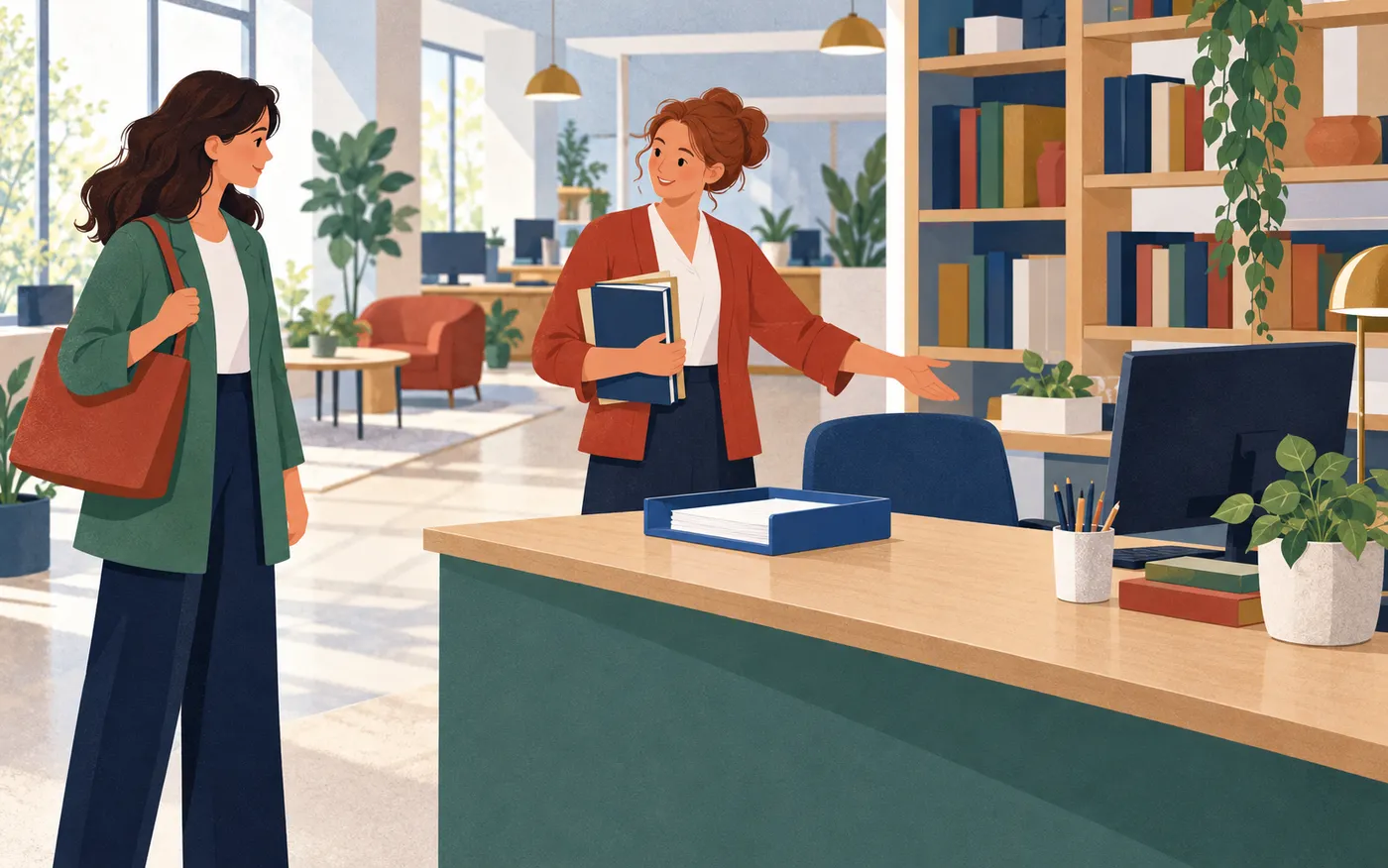A colleague welcomes a new woman receptionist and shows her a desk with a blue mail basket.
