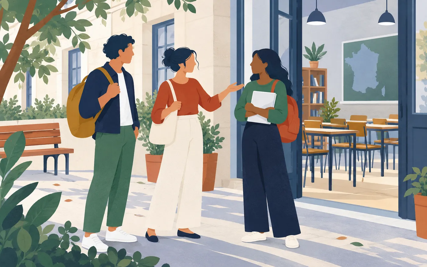 A woman introducing a close friend to a classmate outside a French language classroom.