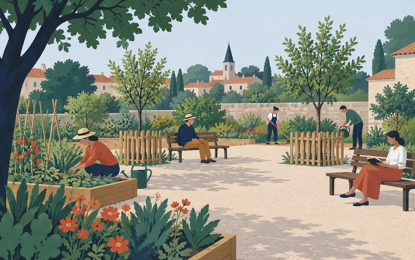 A French community garden with a low protective fence around young trees, open central space and old wooden benches.