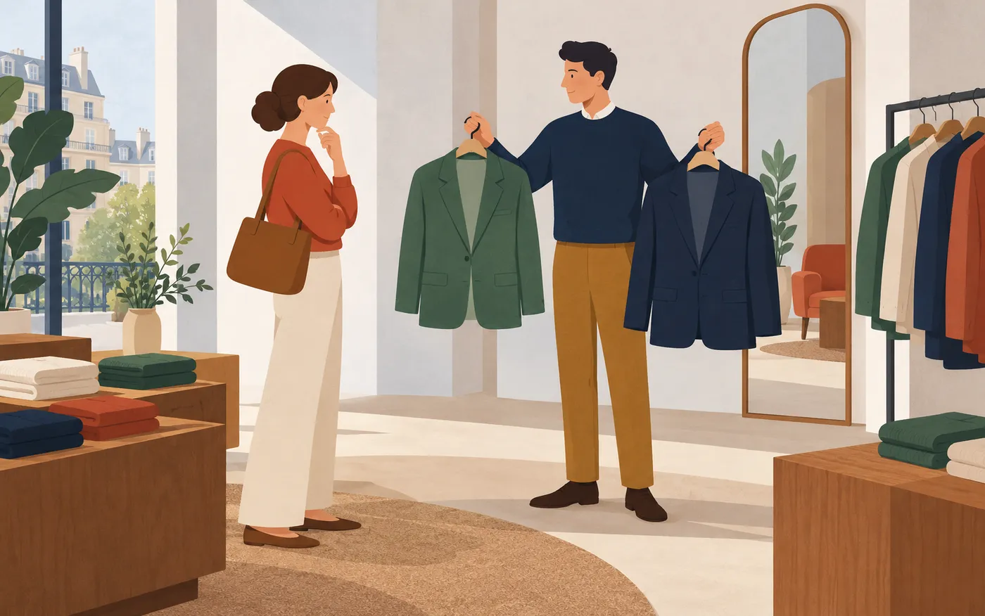 A customer choosing between one green jacket and one navy jacket held on plain hangers by a French shop assistant, no tags.