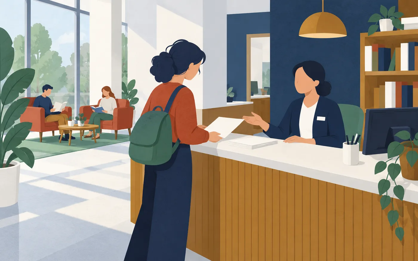 A visitor asking a receptionist for help with a plain registration form.