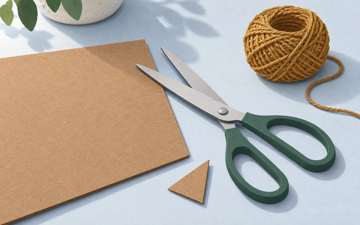 Scissors and a cardboard offcut rest on a craft table.