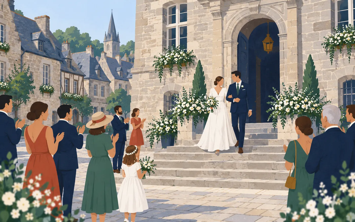A newly married couple leaves a French town hall with a few guests.